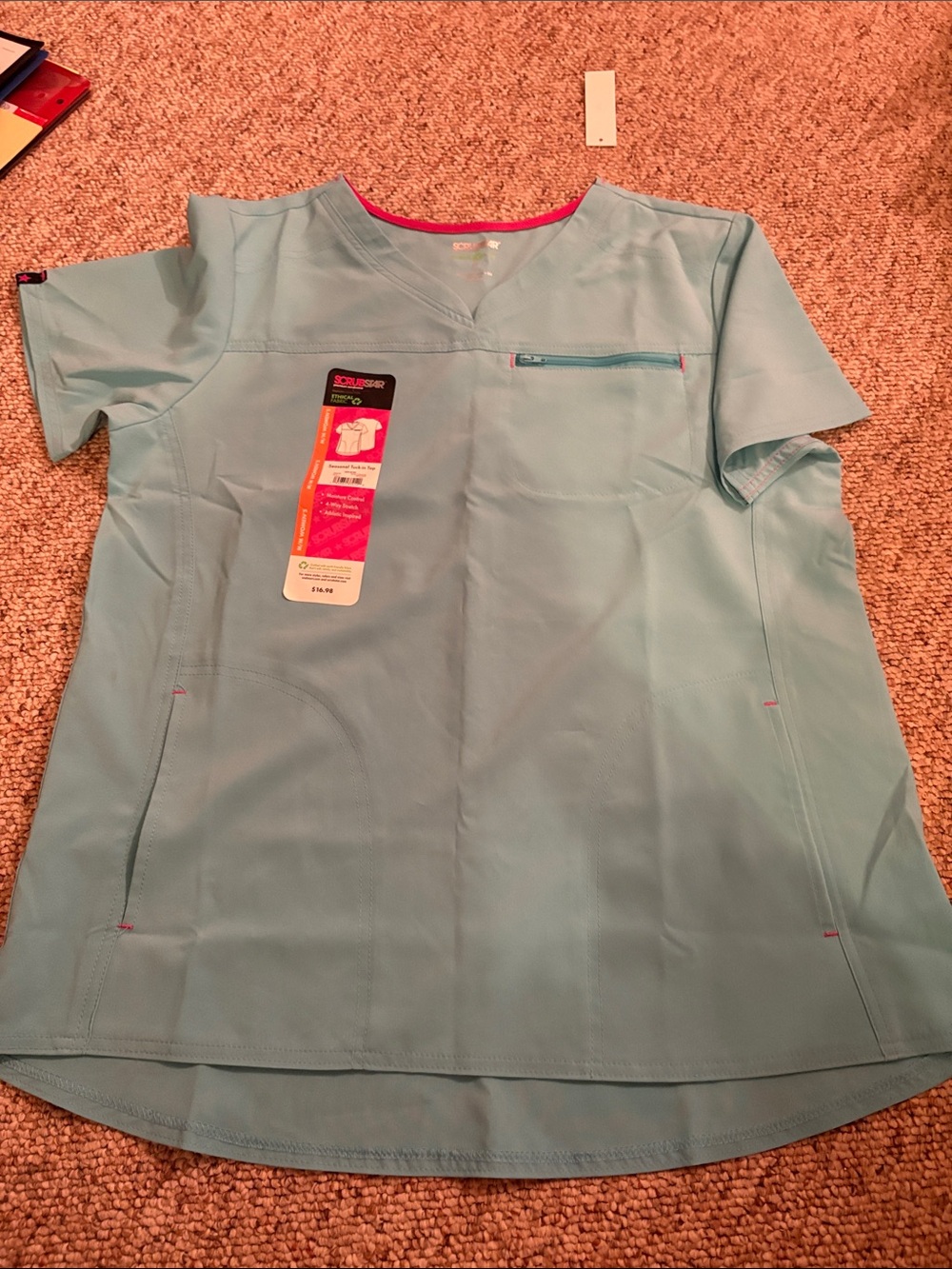 NWT Scrubstar Teal Top with Bright Pink Trim